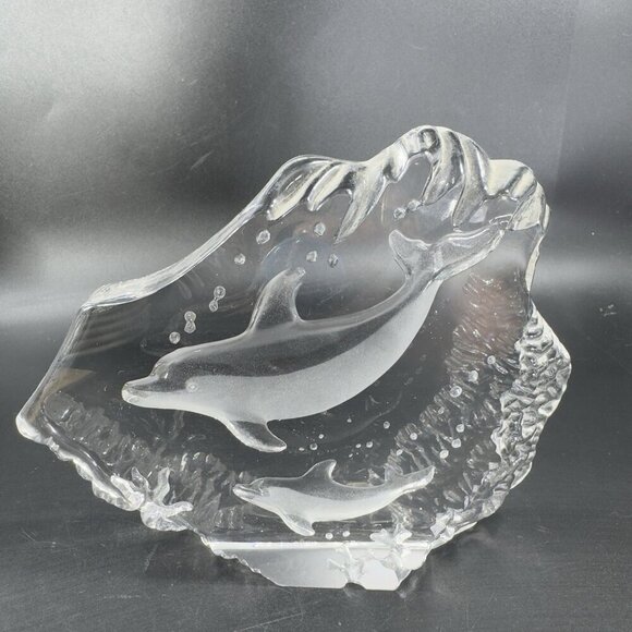 Vintage Clear Crystal Glass Plaque Paperweight Dolphins Figurine Decorative VTG - Picture 11 of 13